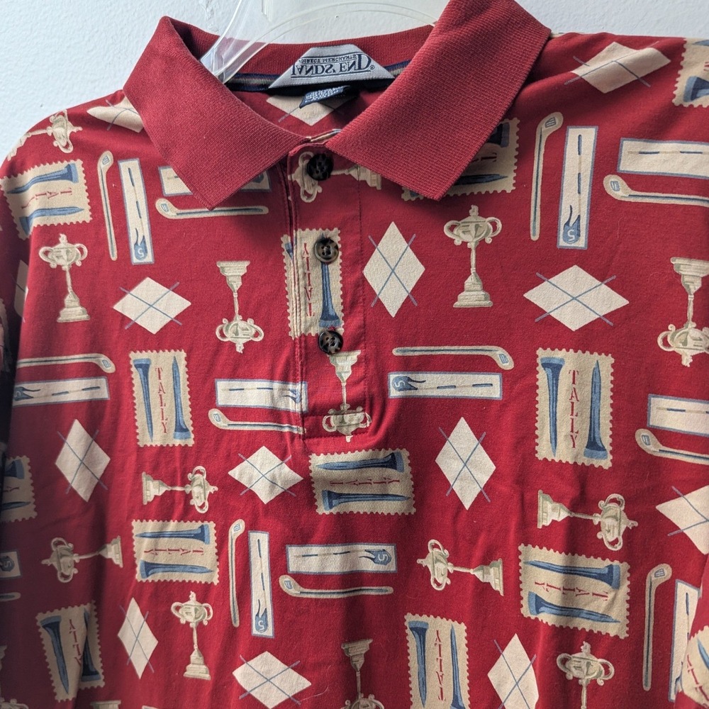 Vtg 90s Lands End Polo Shirt Red Golf Print Cotton Short Sleeve Sz M Preppy